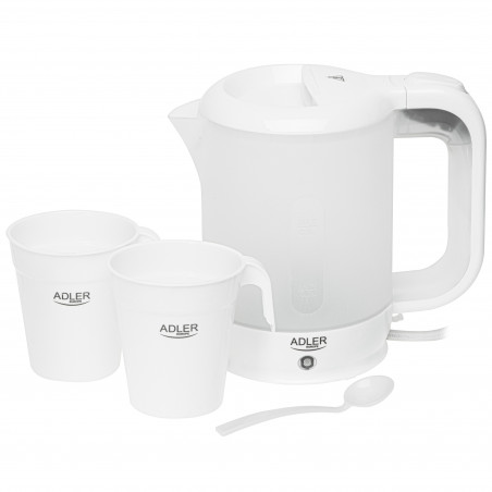 Cana electrica Adler AD 1381, 900W, 0,5 L, 2 cani si lingura, Protectie fierbere fara apa, Alb
