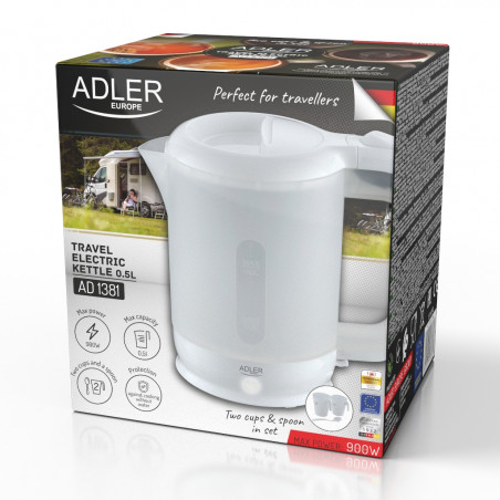 Cana electrica Adler AD 1381, 900W, 0,5 L, 2 cani si lingura, Protectie fierbere fara apa, Alb