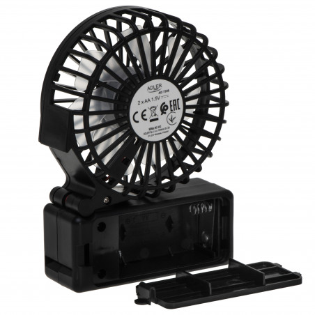 Ventilator portabil Adler AD 7336, Pliabil, 6,5 cm, 46,2 dB, 2xAA, Pala inclinata la 30°, Negru