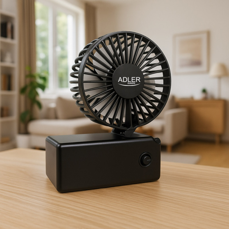 Ventilator portabil Adler AD 7336, Pliabil, 6,5 cm, 46,2 dB, 2xAA, Pala inclinata la 30°, Negru