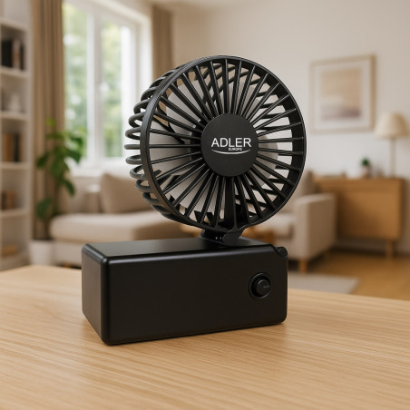 Ventilator portabil Adler AD 7336, Pliabil, 6,5 cm, 46,2 dB, 2xAA, Pala inclinata la 30°, Negru