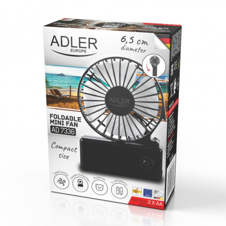 Ventilator portabil Adler AD 7336, Pliabil, 6,5 cm, 46,2 dB, 2xAA, Pala inclinata la 30°, Negru
