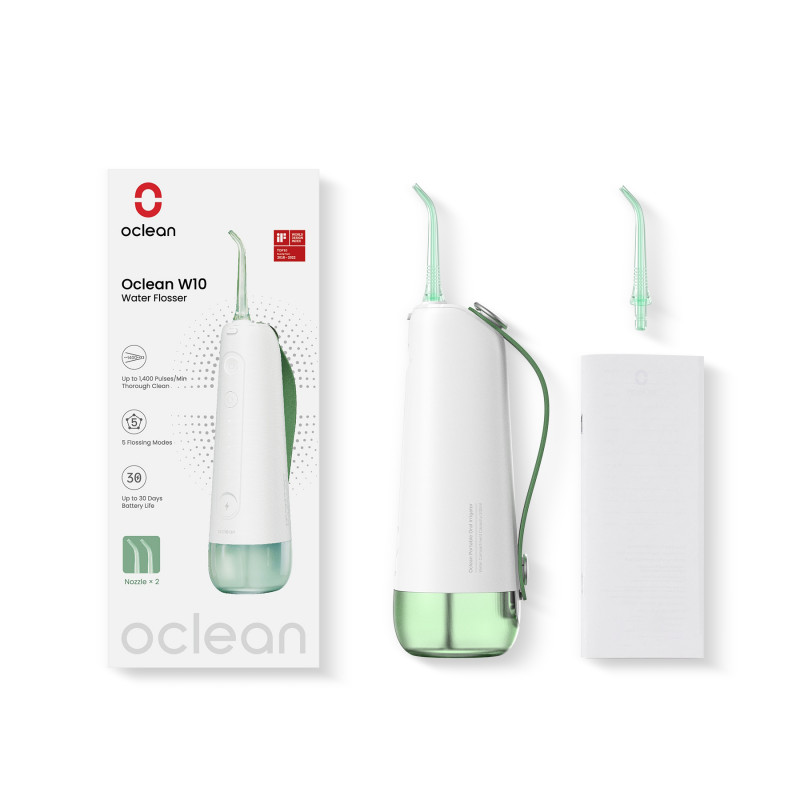 Irigator dentar Oclean W10, 5 moduri, 2 duze, 200 ml, 1400 impulsuri pe minut, IPX7, USB-C, Verde