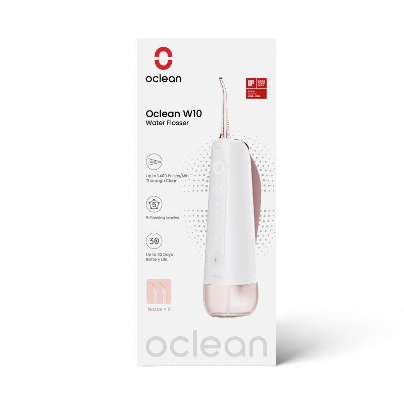 Irigator dentar Oclean W10, 5 moduri, 2 duze, 200 ml, 1400 impulsuri pe minut, IPX7, USB-C, roz