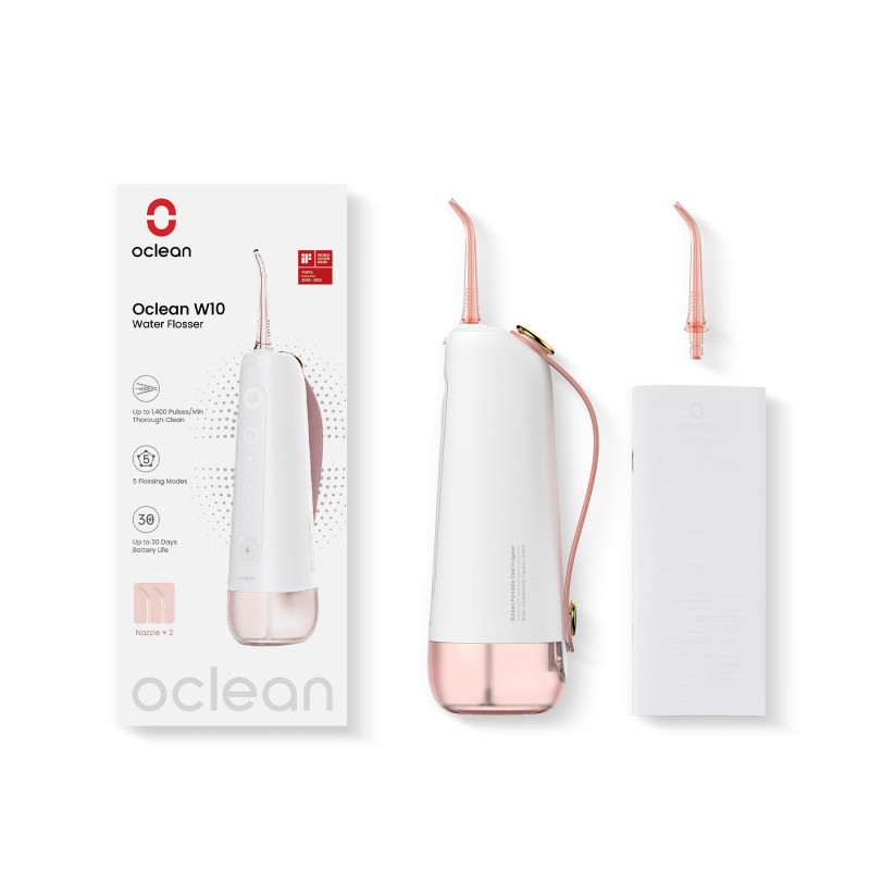Irigator dentar Oclean W10, 5 moduri, 2 duze, 200 ml, 1400 impulsuri pe minut, IPX7, USB-C, roz