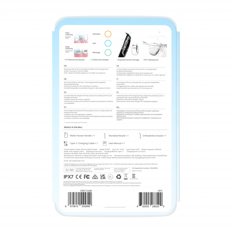 Dus dentar Oclean AirPump A10, 3 moduri, 2 duze, 40 zile autonomie, IPX7, USB-C, Gri