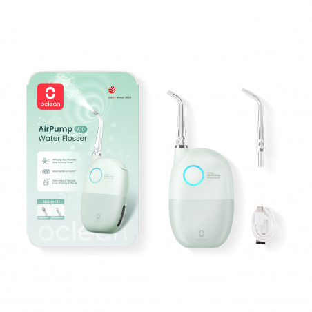 Irigator dentar Oclean AirPump A10, 3 moduri, 2 duze, 40 zile autonomie, IPX7, USB-C, Verde