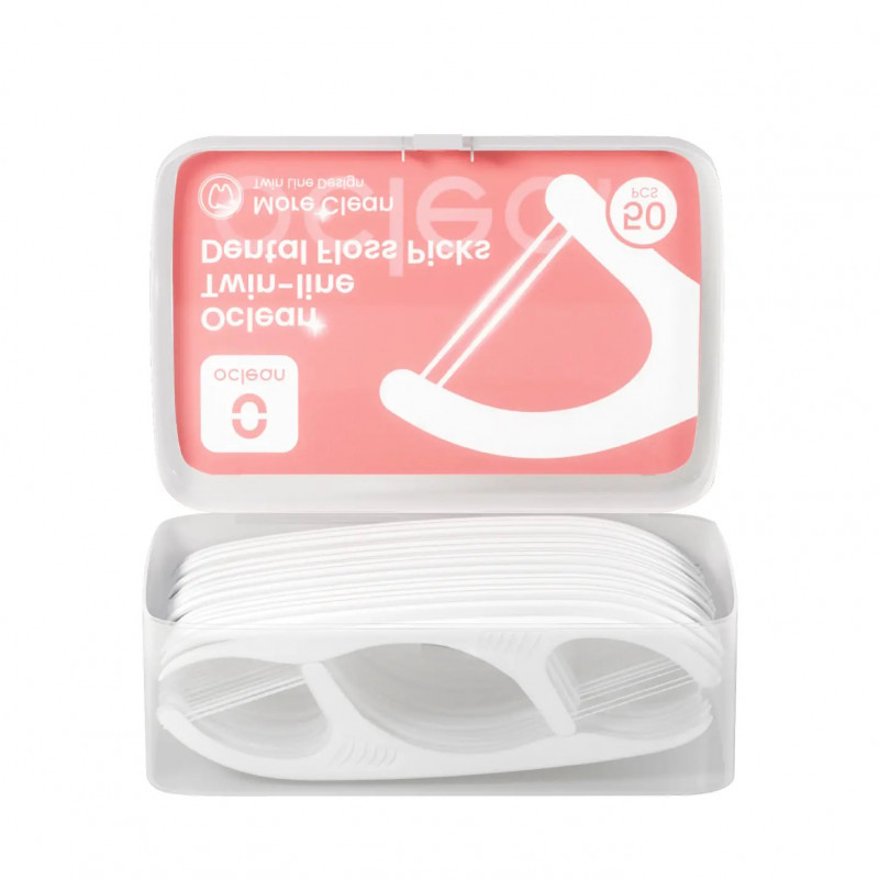 Set 50 buc. ata dentara Oclean Twin-line, Fibra de polietilena, Ata dubla, Alb