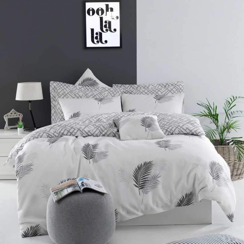 Set lenjerie de pat Eponj Home 143EPJ4809, 65% bumbac, 35% poliester, 3 piese, Cearsaf 200x220 cm, 2 fete de perna 50x70 cm, Gri/Alb