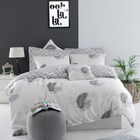 Set lenjerie de pat Eponj Home 143EPJ4809, 65% bumbac, 35% poliester, 3 piese, Cearsaf 200x220 cm, 2 fete de perna 50x70 cm, Gri/Alb