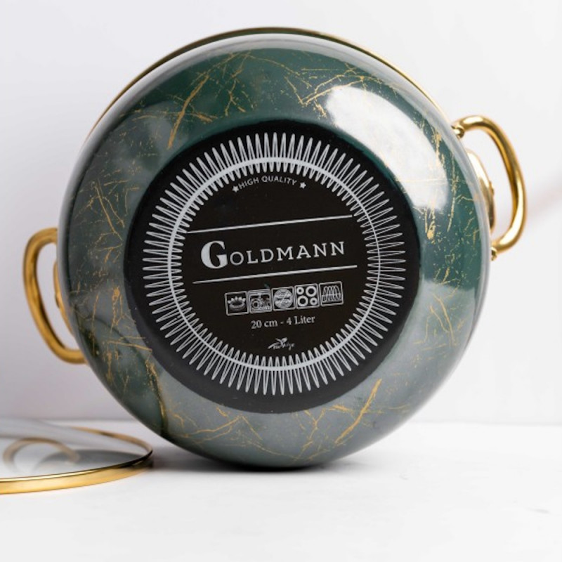 Oala cu capac din sticla Goldmann GM 8017-20G, 4L, 20x13 cm, Otel emailat, Inductie, Verde/Auriu