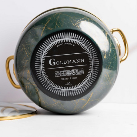 Oala cu capac din sticla Goldmann GM 8017-20G, 4L, 20x13 cm, Otel emailat, Inductie, Verde/Auriu