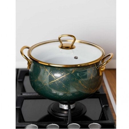 Oala cu capac din sticla Goldmann GM 8017-26G, 8.5L, 26x16 cm, Otel emailat, Inductie, verde/Auriu