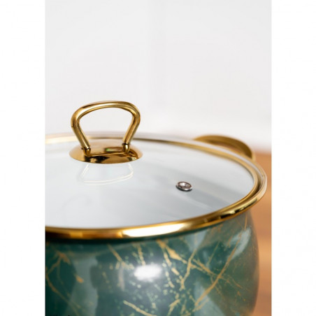 Oala cu capac din sticla Goldmann GM 8017-26G, 8.5L, 26x16 cm, Otel emailat, Inductie, verde/Auriu