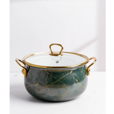 Oala cu capac din sticla Goldmann GM 8017-26G, 8.5L, 26x16 cm, Otel emailat, Inductie, verde/Auriu