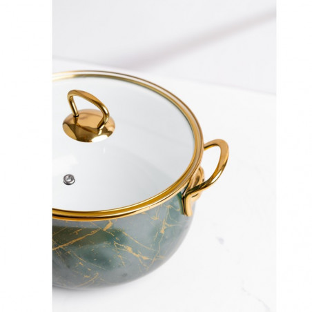 Oala cu capac din sticla Goldmann GM 8017-26G, 8.5L, 26x16 cm, Otel emailat, Inductie, verde/Auriu