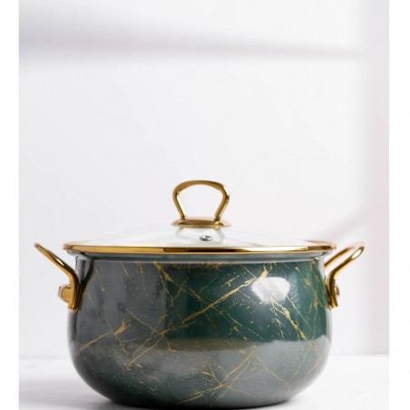Oala cu capac din sticla Goldmann GM 8017-26G, 8.5L, 26x16 cm, Otel emailat, Inductie, verde/Auriu