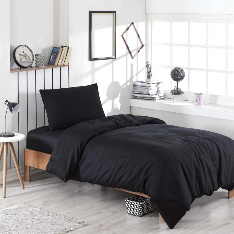 Set lenjerie de pat EnLora Home 162ELR1406, 65% bumbac, 35% poliester, 4 piese, Cearsaf 200x220 cm, Cearsaf 220x240 cm, Fete de perne 50x70 cm, Negru