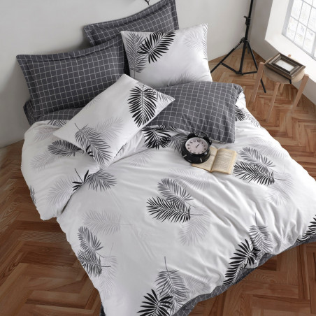 Set lenjerie de pat EnLora Home 162ELR1703, 80% bumbac, 20% poliester, 4 piese, Cearsaf pat 200x220 cm, Cearsaf plapuma 220x240 cm, Fete de perne 50x70 cm, Alb/Gri