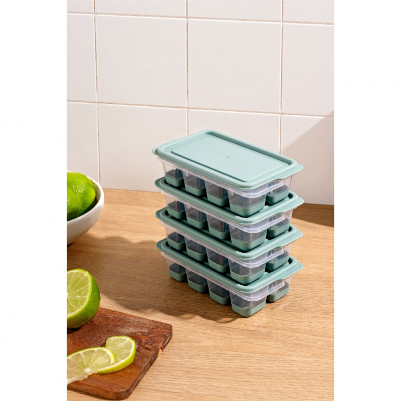 Set 4 forme de gheata Hermia 964FRM5506, 8 cuburi per forma, 7.5x12.5x3.5 cm, Plastic, Verde
