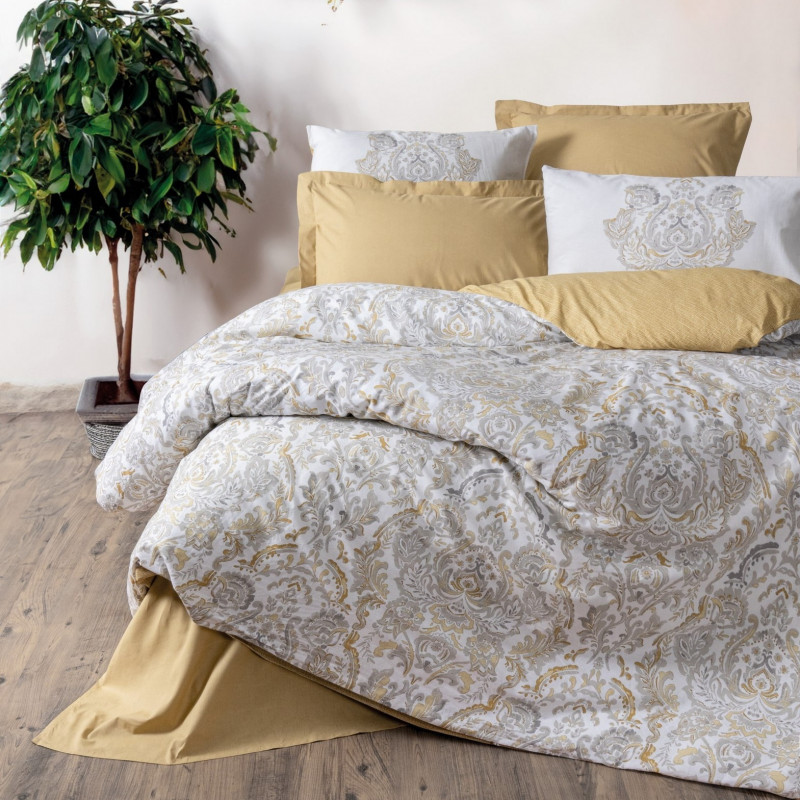 Set lenjerie de pat Cotton Box 129CTN4458, 100% bumbac, 4 piese, Cearsaf plapumă 200x220 cm, Cearsaf pat 240x260 cm, Fata de perna 50x70 cm, Gri/Mustar