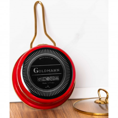 Cratita cu capac din sticla Goldmann GM 4521-18R, 18x9 cm, 2 L, Email, Inductie, Rosu / Old gold