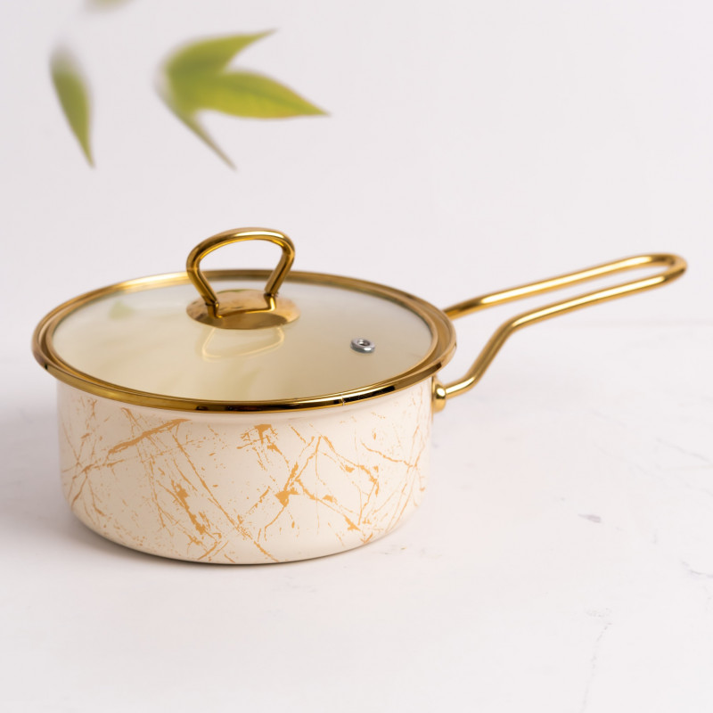 Caserolă cu capac din sticlă Goldmann GM 4521-16B, 16x8 cm, 1.5l, Email, Inducție, Alb/Old Gold