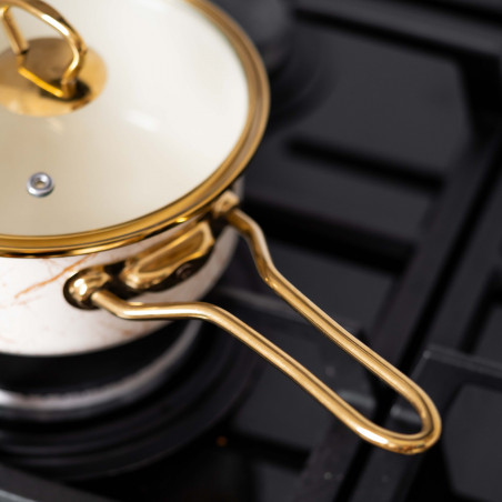 Caserolă cu capac din sticlă Goldmann GM 4521-16B, 16x8 cm, 1.5l, Email, Inducție, Alb/Old Gold