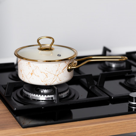 Caserolă cu capac din sticlă Goldmann GM 4521-18B, 18x9 cm, 2l, email, inducție, alb / aur vechi