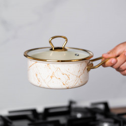 Caserolă cu capac din sticlă Goldmann GM 4521-18B, 18x9 cm, 2l, email, inducție, alb / aur vechi