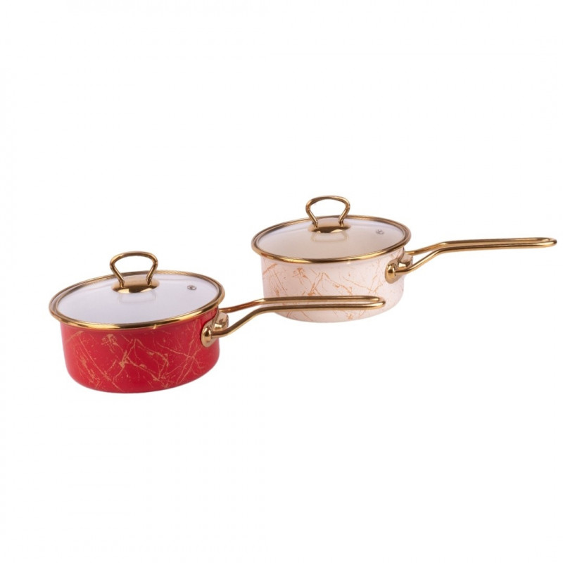 Caserolă cu capac din sticlă Goldmann GM 4521-16B, 16x8 cm, 1.5l, Email, Inducție, Alb/Old Gold