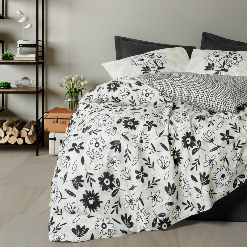 Lenjerie de pat Cotton Box 129CTN4831, 100% bumbac, 4 piese, Cearsaf plapuma 200x220 cm, Cearsaf pat 240x260 cm, Fata de perna 50x70 cm, Alb/negru