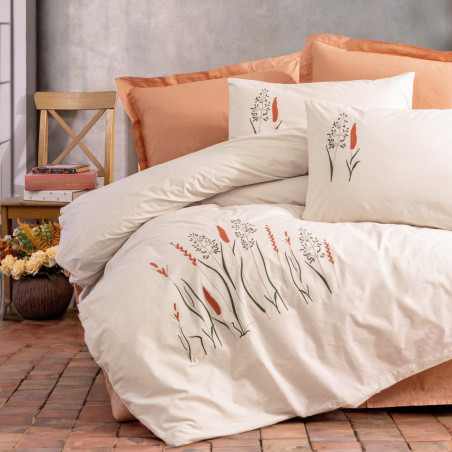 Lenjerie de pat Cotton Box 129CTN4428, 100% bumbac, 6 piese, Cearsaf plapuma 200x220 cm, Cearsaf pat 240x260 cm, Fata de perna 50x70 cm, Ecru/Portocaliu