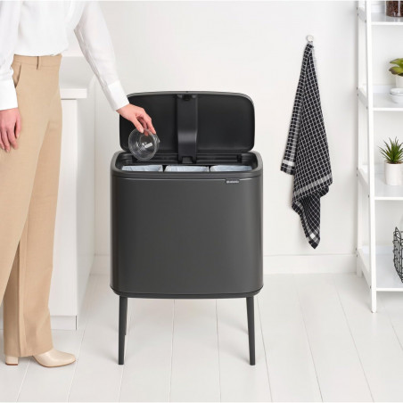 Coș Brabantia Bo Touch 1008857, 3x11 l, Deschidere lină și silențioasă, Deschidere mare, Gri închis