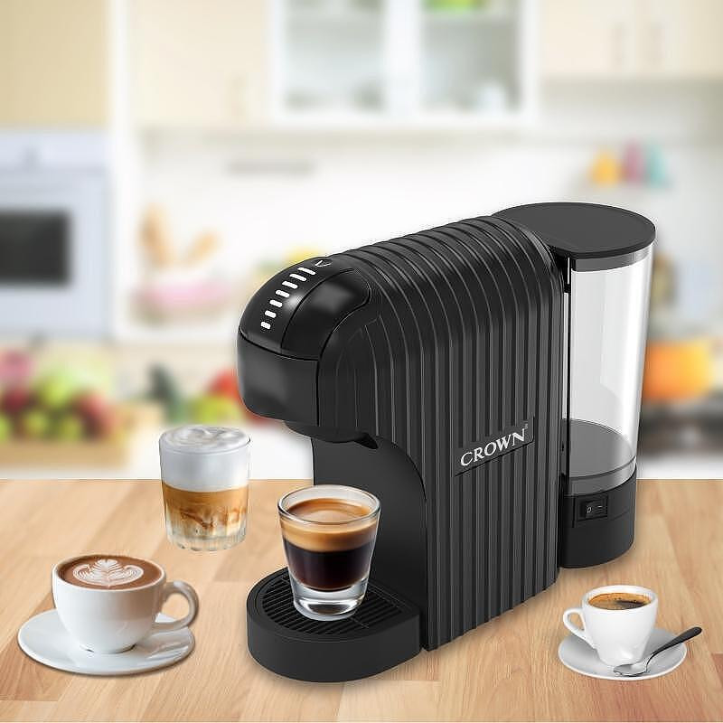 Espressor cu capsule 7in1 Crown CCM-1530B, 1400 W, 20 bar, 0.9 L, 7 adaptoare, Indicatoare LED, Controlul lungimii cafelei, Negru