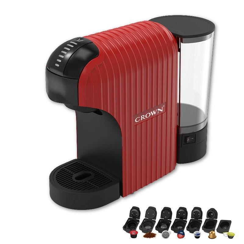 Espressor cu capsule 7in1 Crown CCM-1532R, 1400 W, 20 bar, 0.9 L, 7 adaptoare, Indicator LED, Controlul lungimii cafelei, Rosu/Negru