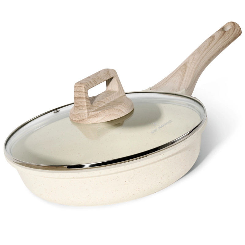Tigaie Just Perfecto JL-41, 24 cm, Capac din sticla, Acoperire marmura, Fara PFAS, Inductie, Bej