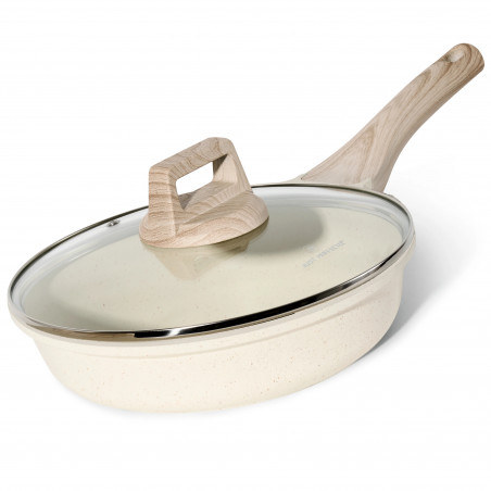 Tigaie Just Perfecto JL-41, 24 cm, Capac din sticla, Acoperire marmura, Fara PFAS, Inductie, Bej