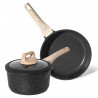 Set tigaie si cratita Just Perfecto JL-43, 2 h, Finisaj marmura, Fara PFOA si PFAS, Capac din sticla, Inductie, Negru