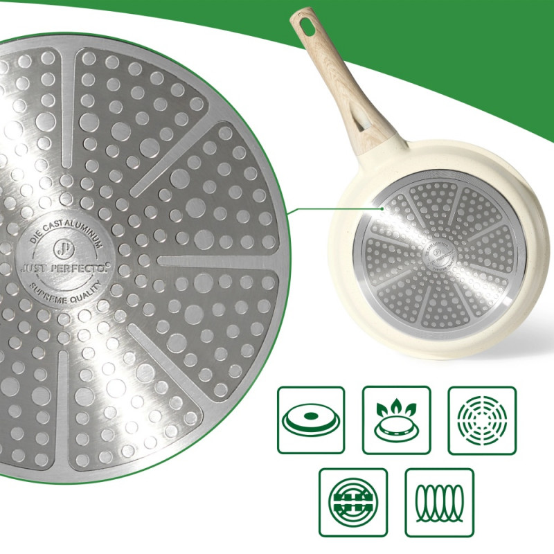 Tigaie Just Perfecto JL-41, 24 cm, Capac din sticla, Acoperire marmura, Fara PFAS, Inductie, Bej