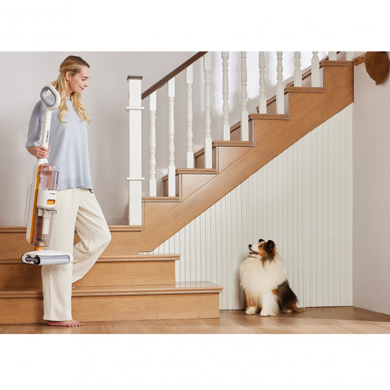 Aspirator vertical Tineco iFloor Y2 Plus, 6500 Pa, Wi-Fi, 0.8 L apa murdara/1 L apa curata, LED, Auto-curatare, 70 m², Indicatori, Alb/Portocaliu