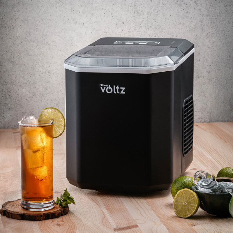 Aparat cuburi de gheata Oliver Voltz OV51447B, 120W, 12 kg/24 h, 1.3 L, 9 cuburi/cicluri, Indicator de gheata si apa, Negru