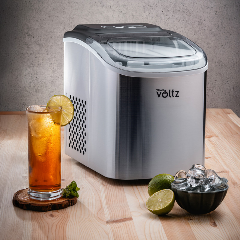Aparat cuburi de gheata Oliver Voltz OV51447CS, 120W, 12kg/24 ore, 1.3 L, 9 cuburi/ ciclu de operare, Indicator de gheata si apa, Inox