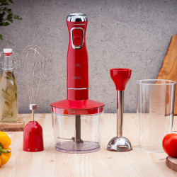 Blender, tocator si mixer 3 in1 Oliver Voltz OV51112WSC, 800W, 700 ml, 2 viteze, Lama din otel inoxidabil si accesoriu de amestecare, Rosu