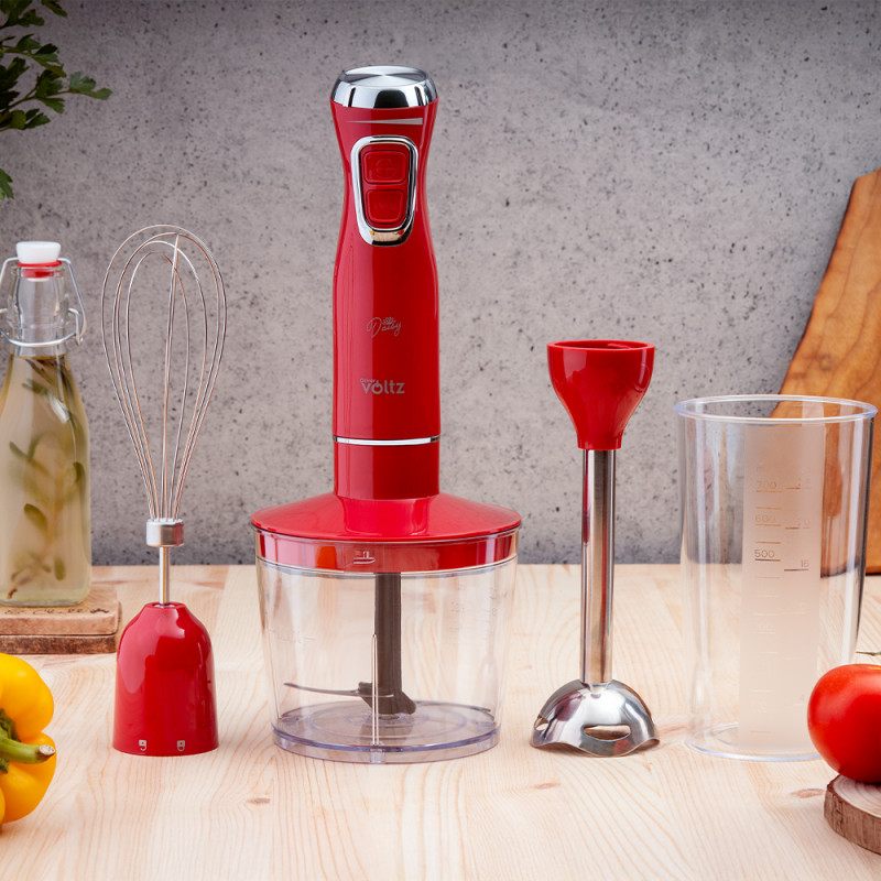 Blender, tocator si mixer 3 in1 Oliver Voltz OV51112WSC, 800W, 700 ml, 2 viteze, Lama din otel inoxidabil si accesoriu de amestecare, Rosu