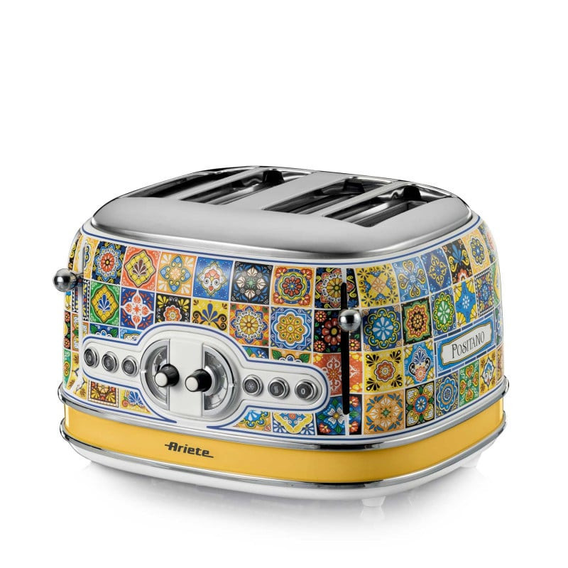 Prăjitor de pâine Ariete Positano 0156/0P, 1600W, 4 felii, 3 funcții, 6 trepte, Tavă mobilă pentru firimituri, Alb/galben