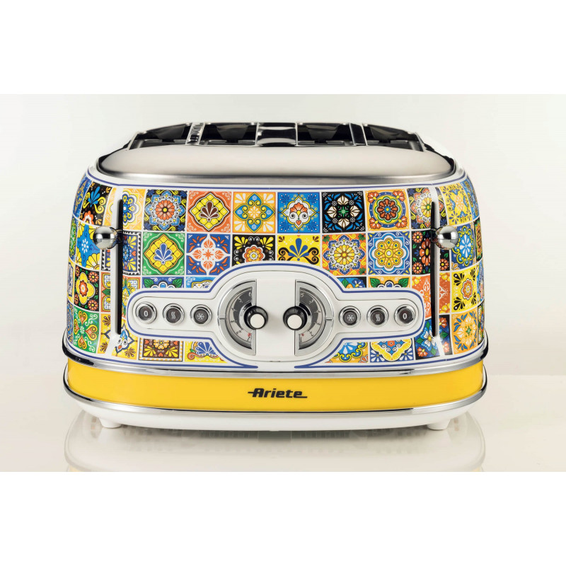 Prăjitor de pâine Ariete Positano 0156/0P, 1600W, 4 felii, 3 funcții, 6 trepte, Tavă mobilă pentru firimituri, Alb/galben
