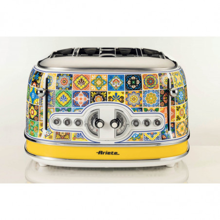 Prăjitor de pâine Ariete Positano 0156/0P, 1600W, 4 felii, 3 funcții, 6 trepte, Tavă mobilă pentru firimituri, Alb/galben