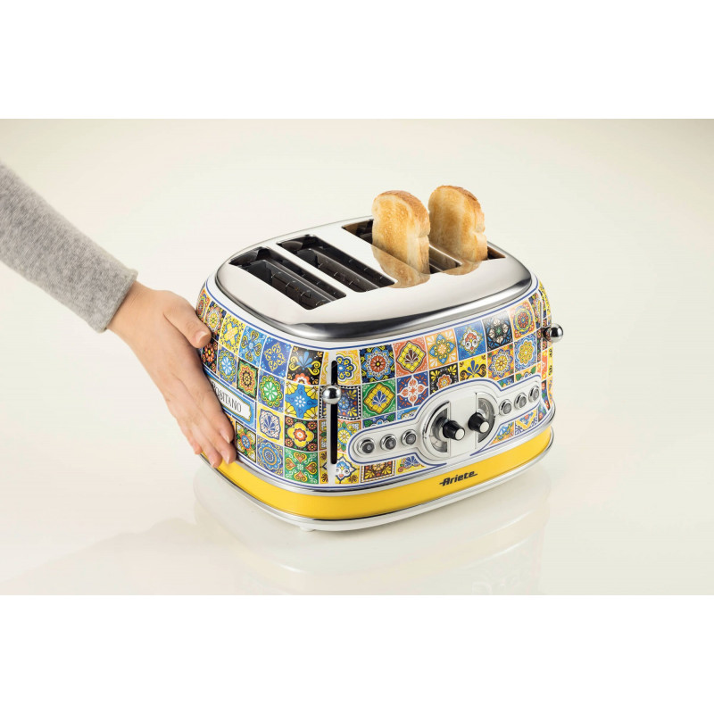 Prăjitor de pâine Ariete Positano 0156/0P, 1600W, 4 felii, 3 funcții, 6 trepte, Tavă mobilă pentru firimituri, Alb/galben