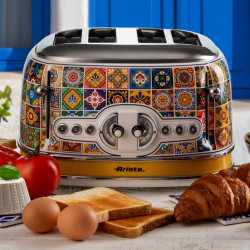 Prăjitor de pâine Ariete Positano 0156/0P, 1600W, 4 felii, 3 funcții, 6 trepte, Tavă mobilă pentru firimituri, Alb/galben